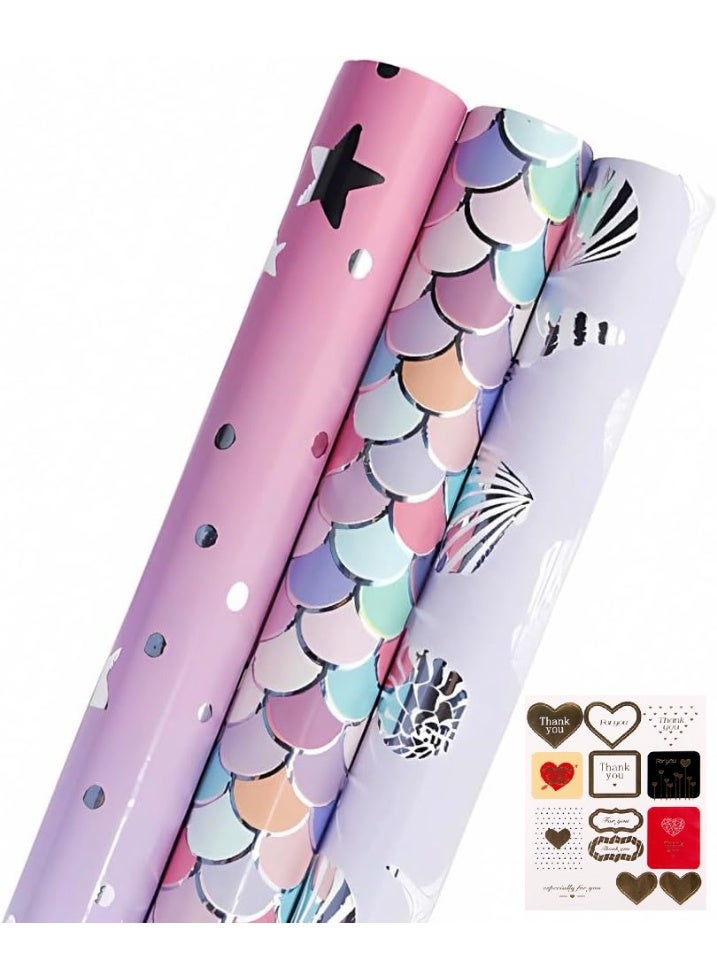 مجموعة من 3 لفات من ورق تغليف الهدايا تتضمن ملصقات هدايا لحفلات أعياد الميلاد وحفلات الزفاف والتخرج والعيد للأولاد والبنات والأطفال والرضع والرجال والنساء 43 سم × 300 سم لكل ورقة - Image 1