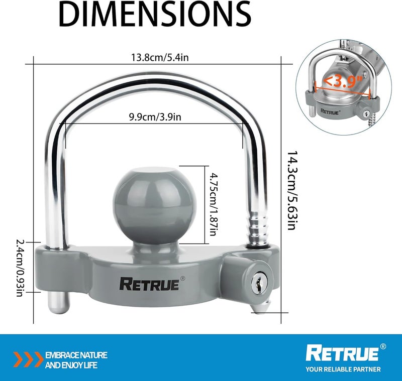 RETRUE Universal Coupler Lock Trailer Locks Ball Hitch Trailer Hitch Lock Adjustable Security Heavy-Duty Steel Fits 1-7/8 Inch, 2 Inch, 2-5/16 Inch Couplers, Grey - Image 2