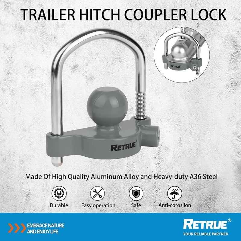 RETRUE Universal Coupler Lock Trailer Locks Ball Hitch Trailer Hitch Lock Adjustable Security Heavy-Duty Steel Fits 1-7/8 Inch, 2 Inch, 2-5/16 Inch Couplers, Grey - Image 5