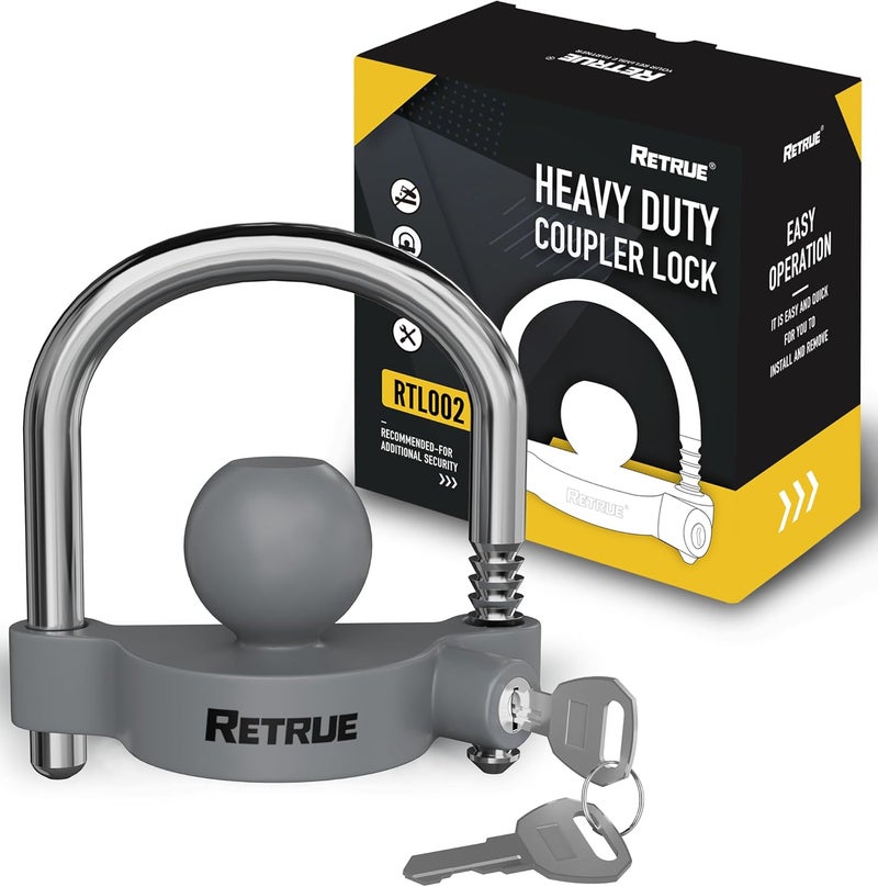 RETRUE Universal Coupler Lock Trailer Locks Ball Hitch Trailer Hitch Lock Adjustable Security Heavy-Duty Steel Fits 1-7/8 Inch, 2 Inch, 2-5/16 Inch Couplers, Grey - Image 1