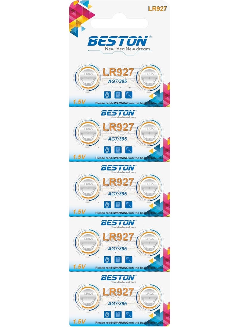 بيستون بطارية ليثيوم دائرية LR927 AG7/395 1.5 فولت، بطارية زر طويلة الأمد للساعات والآلات الحاسبة والألعاب والأجهزة الإلكترونية الصغيرة (عبوة من 10 قطع) - Image 1