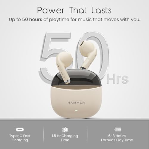 HAMMER Ultra Pods True Wireless Earbuds with in-Built Mic, 100H Standby Time, 1H Charging USB Type-C, 13mm Dynamic Drivers, 50H Playtime, BT v6.0 Connectivity, IPX5 Water Resistant (Beige) - Image 4