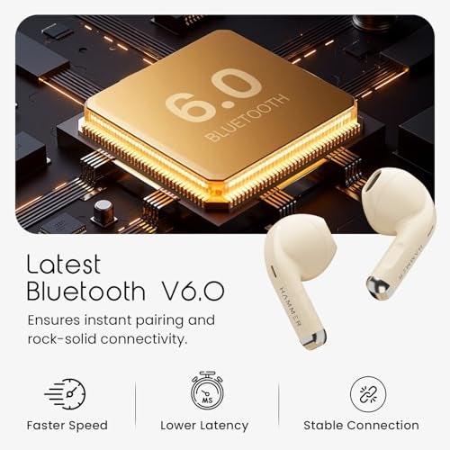HAMMER Ultra Pods True Wireless Earbuds with in-Built Mic, 100H Standby Time, 1H Charging USB Type-C, 13mm Dynamic Drivers, 50H Playtime, BT v6.0 Connectivity, IPX5 Water Resistant (Beige) - Image 2