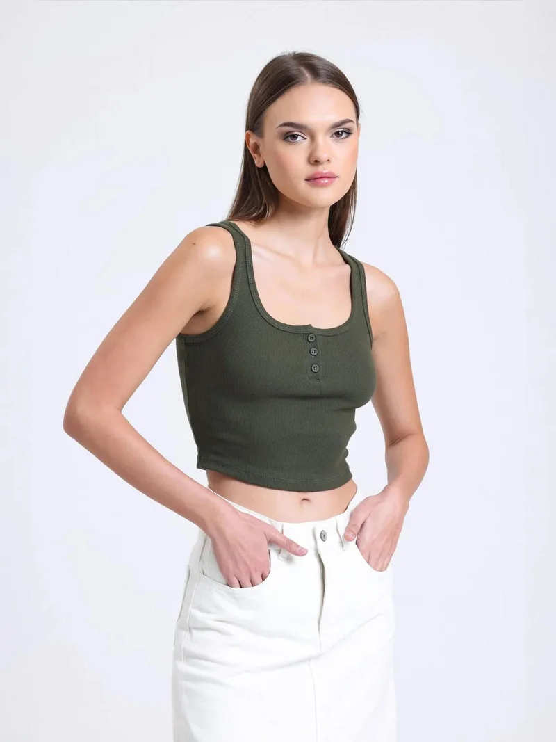 HICCUP Square Neck Ribbed Buttoned Tank Top