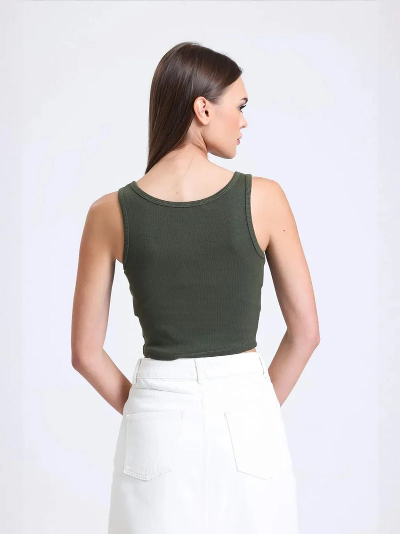 Hiccup Khaki Green Square Neck Ribbed Buttoned Tank Top for Women | Best Price UAE