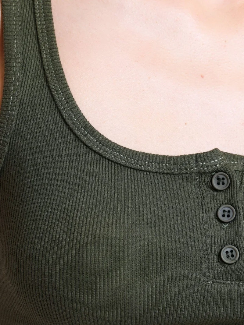Hiccup Khaki Green Square Neck Ribbed Buttoned Tank Top for Women | Best Price UAE