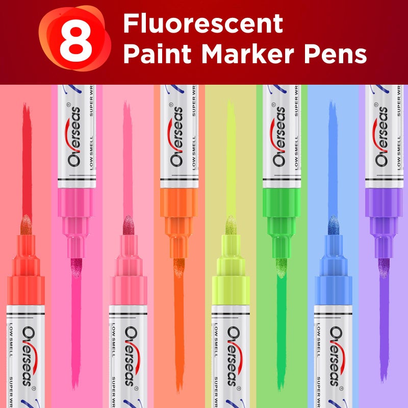 Overseas Neon Fluorescent Paint Marker Pens - 8 Colors Oil-Based Paint Markers, Medium Tip, Quick Drying and Waterproof Permanent UV Marker for Plastic, Glass, Rock, Wood, Canvas, Metal, Pumpkin - Image 2