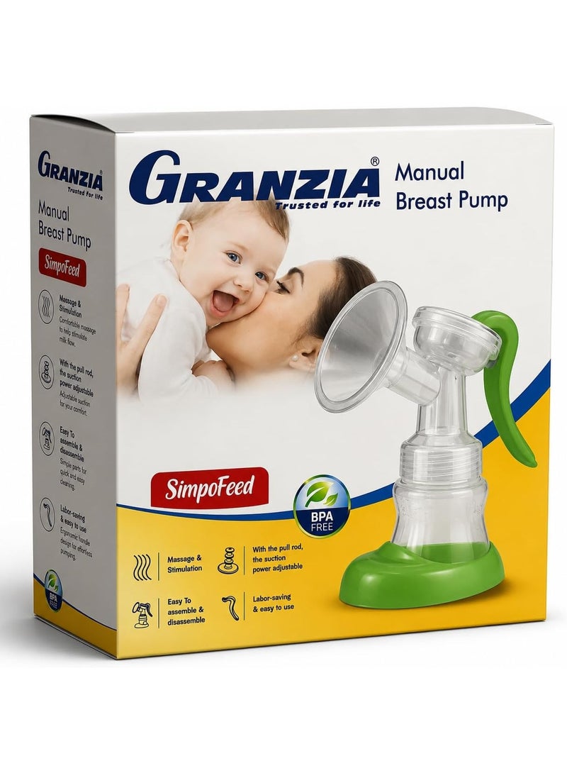 Granzia SimpoFeed Manual Breast Pump BPA-Free Ergonomic Milk Suction Pump with Feeding Bottle and Stand White and Green Model XN-2306SY/XH - Image 2
