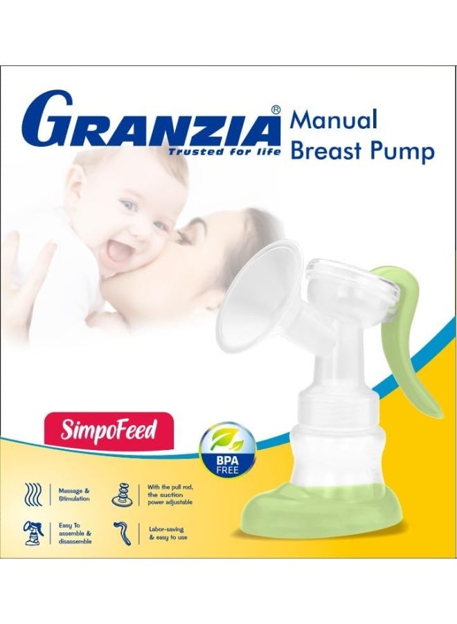 Granzia SimpoFeed Manual Breast Pump BPA-Free Ergonomic Milk Suction Pump with Feeding Bottle and Stand White and Green Model XN-2306SY/XH - Image 3