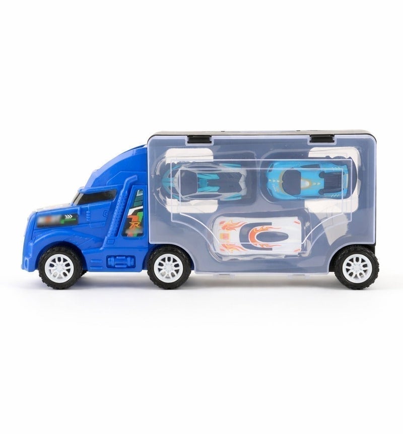 O2. Portable Blue Truck Storage Toy with 3 Alloy Mini Cars, Kids Transport Truck Carrier Case with Transparent Storage Compartment, Mini Racing Cars Playset for Boys and Girls Ages 3+, (27 × 6.5 × 12 cm) - Image 3