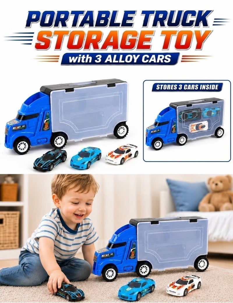 O2. Portable Blue Truck Storage Toy with 3 Alloy Mini Cars, Kids Transport Truck Carrier Case with Transparent Storage Compartment, Mini Racing Cars Playset for Boys and Girls Ages 3+, (27 × 6.5 × 12 cm) - Image 1