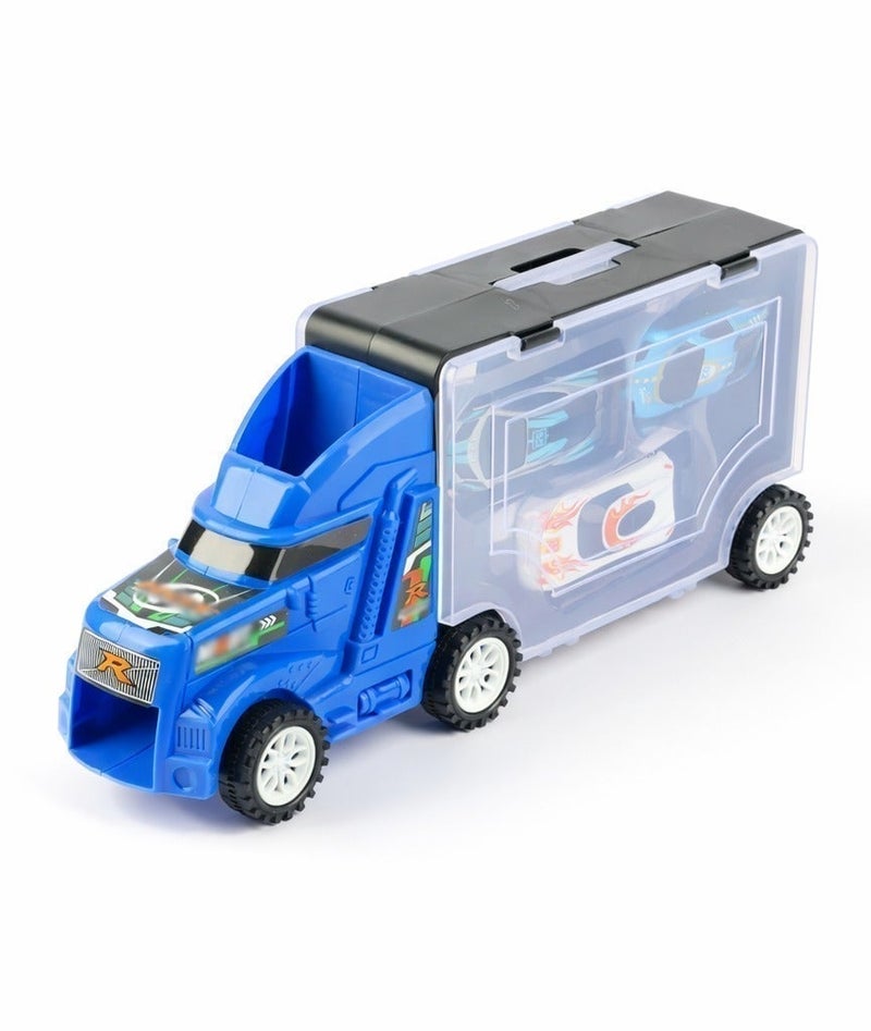 O2. Portable Blue Truck Storage Toy with 3 Alloy Mini Cars, Kids Transport Truck Carrier Case with Transparent Storage Compartment, Mini Racing Cars Playset for Boys and Girls Ages 3+, (27 × 6.5 × 12 cm) - Image 2