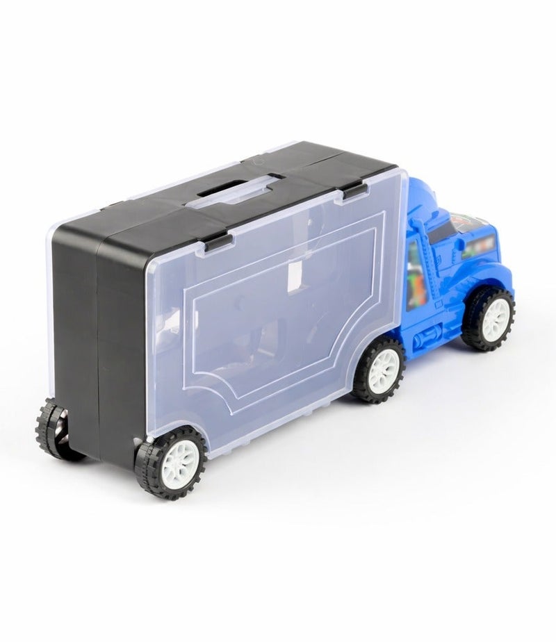 O2. Portable Blue Truck Storage Toy with 3 Alloy Mini Cars, Kids Transport Truck Carrier Case with Transparent Storage Compartment, Mini Racing Cars Playset for Boys and Girls Ages 3+, (27 × 6.5 × 12 cm) - Image 5