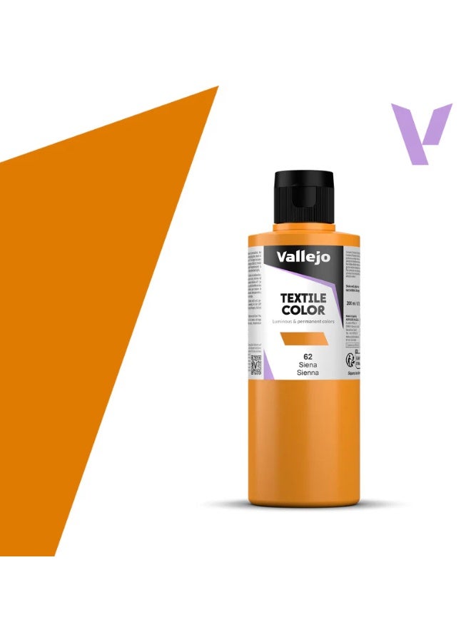 Vallejo Textile Fabric Paint Sienna 62 – 200ml Bottle Matte Washable Finish