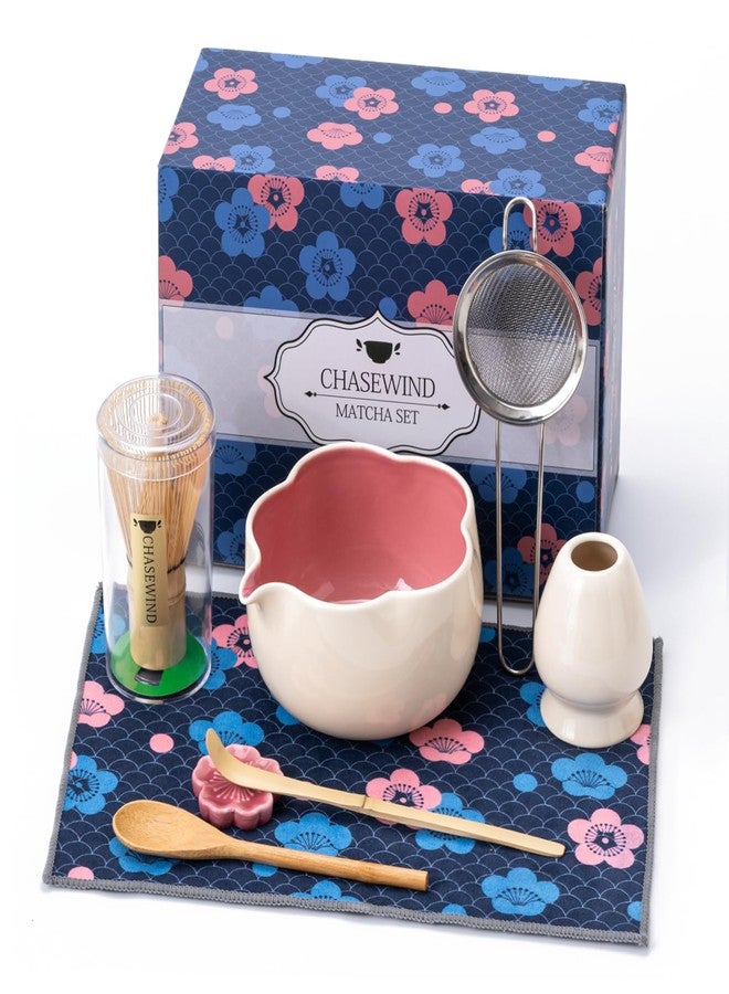 ChaseWind Matcha Set, 8Pcs Floral Ceramic Matcha Set with Matcha Whisk, Holder, Scoop, Scoop Rest, Sifter, Spoon and Tea Towel - Thoughtful Matcha Whisk Set Gift for Matcha Lovers (Beige & Pink) - Image 1