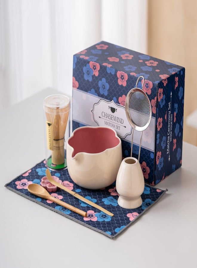 ChaseWind Matcha Set, 8Pcs Floral Ceramic Matcha Set with Matcha Whisk, Holder, Scoop, Scoop Rest, Sifter, Spoon and Tea Towel - Thoughtful Matcha Whisk Set Gift for Matcha Lovers (Beige & Pink) - Image 2