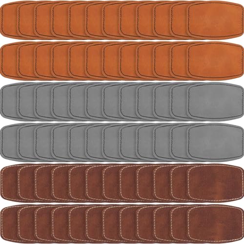 Dunzy 60 Pcs Blank Leatherette Hat Patches with Adhesive Rustic Rounded Rectangle Patch Faux Leather Patches for Hats Costumes Fabric Repair Sew Laser Supplies(Khaki, Gray, Brown,2x3inch) - Image 1