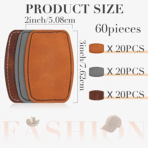 Dunzy 60 Pcs Blank Leatherette Hat Patches with Adhesive Rustic Rounded Rectangle Patch Faux Leather Patches for Hats Costumes Fabric Repair Sew Laser Supplies(Khaki, Gray, Brown,2x3inch) - Image 2