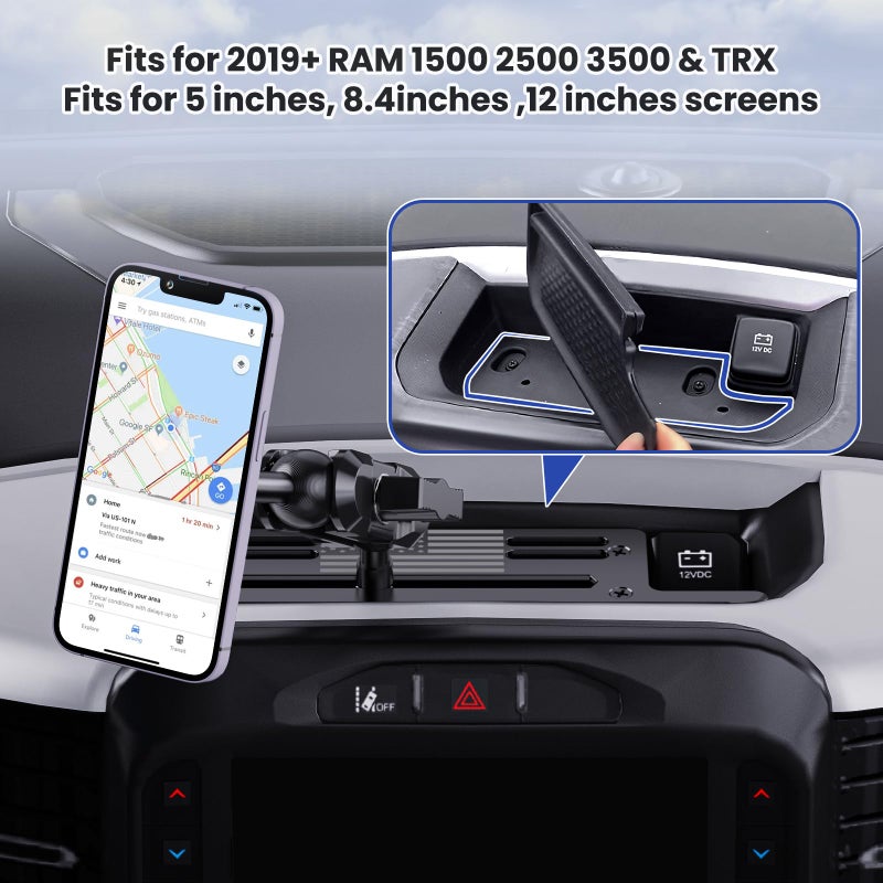SwiftGaze Stainless Steel Phone Mount for 2019+ Ram 1500/2500/3500/TRX, Magnetic & Clamp Dual Heads, All-Metal Shakeproof Unique America Flag Design OEM Screw Hole Dash Mount Install Super Stable - Image 2