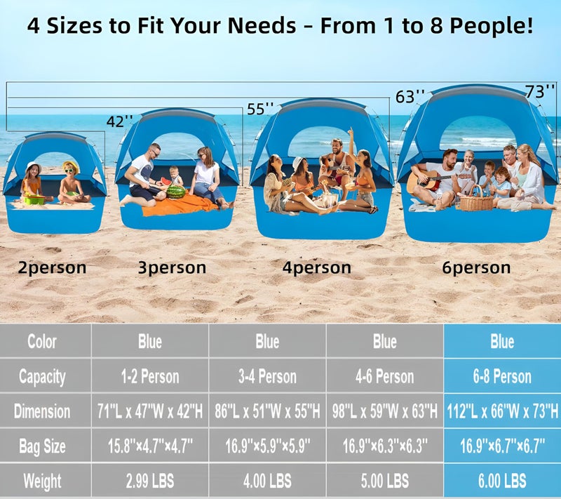 Etto Beach Tent, Portable Sun Shelter for 2/3/4/6-8 Person with UPF 50+ UV Protection, Easy Setup Waterproof Beach Shade Canopy Cabana for Family Outdoor and Picnics, Fishing with Carrying Bag - Image 3