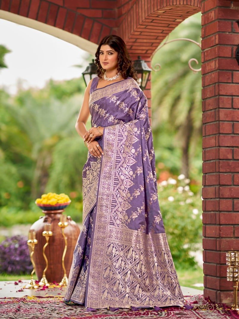 MANOHARI Women's Most Trendy Banarasi Satin Silk Woven Lavender Purple Saree With Heavy Jacquard Work Saree With Blouse Piece_MN2028 - Image 3