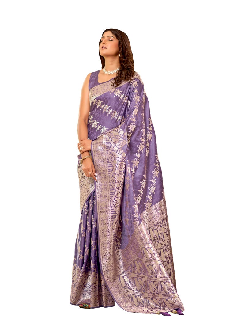 MANOHARI Women's Most Trendy Banarasi Satin Silk Woven Lavender Purple Saree With Heavy Jacquard Work Saree With Blouse Piece_MN2028 - Image 1