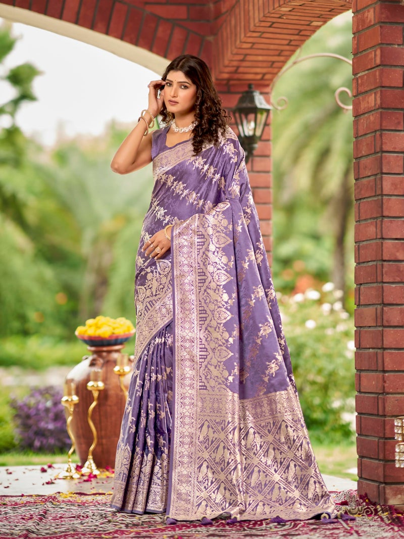 MANOHARI Women's Most Trendy Banarasi Satin Silk Woven Lavender Purple Saree With Heavy Jacquard Work Saree With Blouse Piece_MN2028 - Image 2