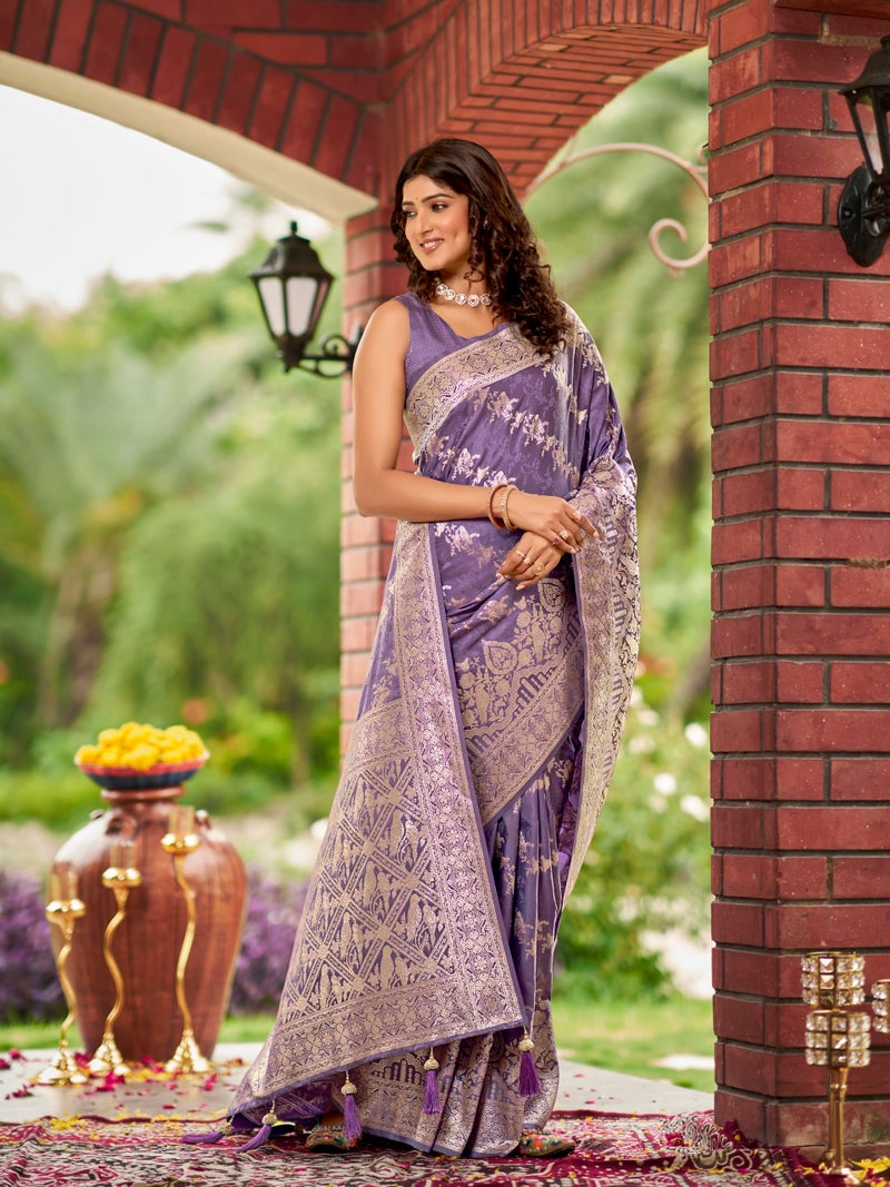 MANOHARI Women's Most Trendy Banarasi Satin Silk Woven Lavender Purple Saree With Heavy Jacquard Work Saree With Blouse Piece_MN2028 - Image 5