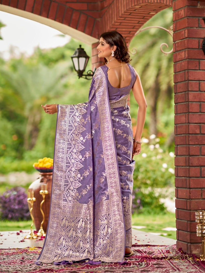 MANOHARI Women's Most Trendy Banarasi Satin Silk Woven Lavender Purple Saree With Heavy Jacquard Work Saree With Blouse Piece_MN2028 - Image 4