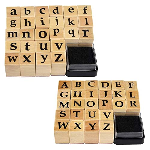 WeKonnect; Wooden Rubber 52 Pcs Small & Capital Alphabet Letter Stamps | Vintage Wood with Ink Pad for Journaling, Card Making, DIY, Craft & Scrapbooking (Small & Capital Combo Alphabets) - Image 1