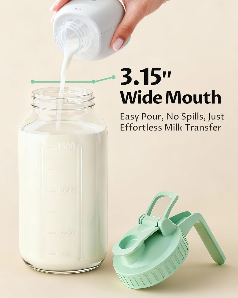 VA1KENE 64oz Glass Breast Milk Pitcher with Lid & Pour Spout, 2 Quart Airtight Leakproof BreastMilk Fridge Storage Container - Wide Mouth, Dishwasher Safe Formula Pitcher with Handle - Image 4