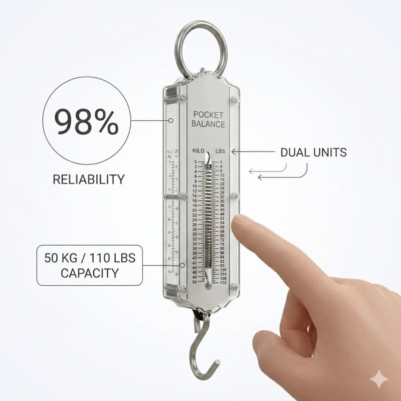 Hasanat Essentials Mechanical Hanging Hook Scale 50KG 110LBS Portable Spring Balance