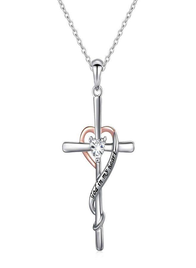 JZMSJF S925 Sterling Silver Faith Hope God in My Heart Cross Pendant Necklace Gift for Women Adults Teens - Image 1