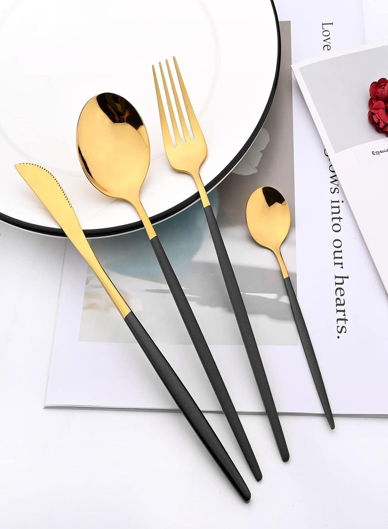 Mirror Cutlery Serving Set, 24-piece 18/0 Stainless Steel Silverware With Black Handle Simple & Modern Tableware For Home Party Restaurant Christmas Dinner, Service For 6 (Black Gold) - Image 2
