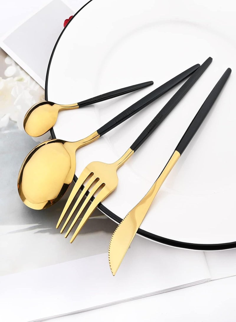 Mirror Cutlery Serving Set, 24-piece 18/0 Stainless Steel Silverware With Black Handle Simple & Modern Tableware For Home Party Restaurant Christmas Dinner, Service For 6 (Black Gold) - Image 1