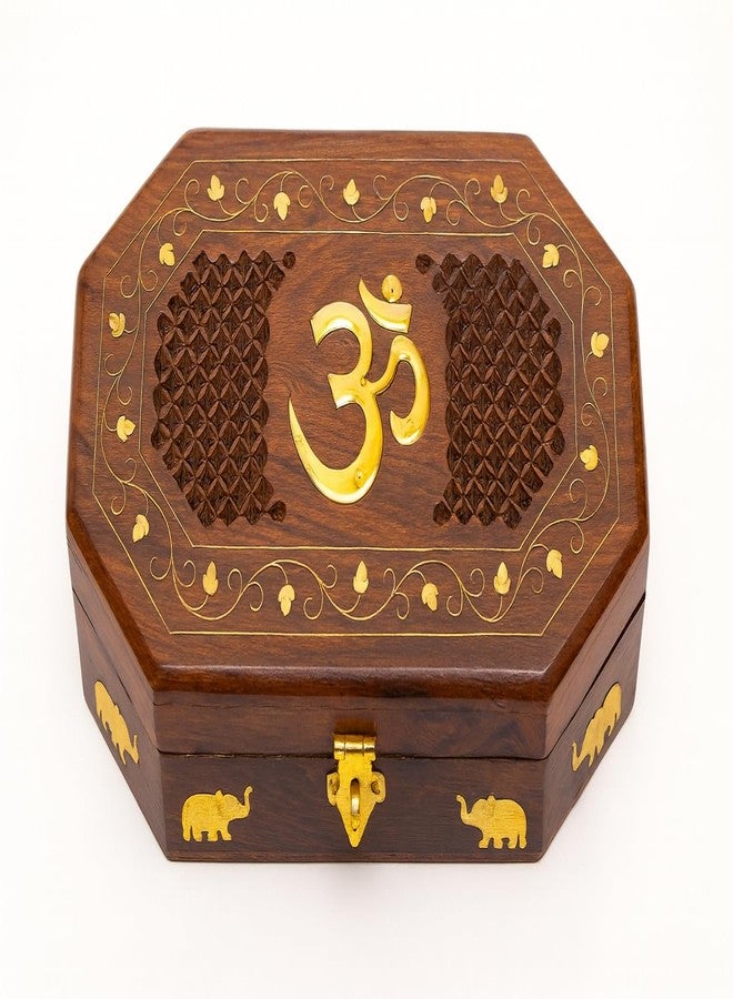 CRAFTCASTLE Handcrafted Wooden Jewellery Box with Elephant Inlay, Octagonal Shape, Carved Floral Design, Brown, 10x6x2.5 Inches - Image 1