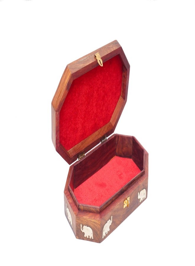 CRAFTCASTLE Handcrafted Wooden Jewellery Box with Elephant Inlay, Octagonal Shape, Carved Floral Design, Brown, 10x6x2.5 Inches - Image 3