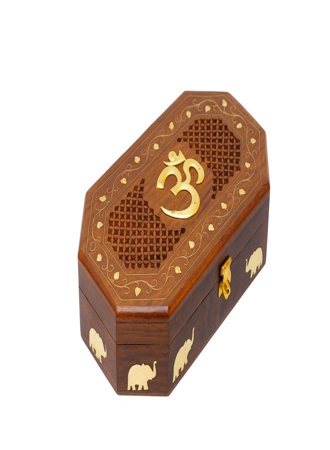 CRAFTCASTLE Handcrafted Wooden Jewellery Box with Elephant Inlay, Octagonal Shape, Carved Floral Design, Brown, 10x6x2.5 Inches - Image 2