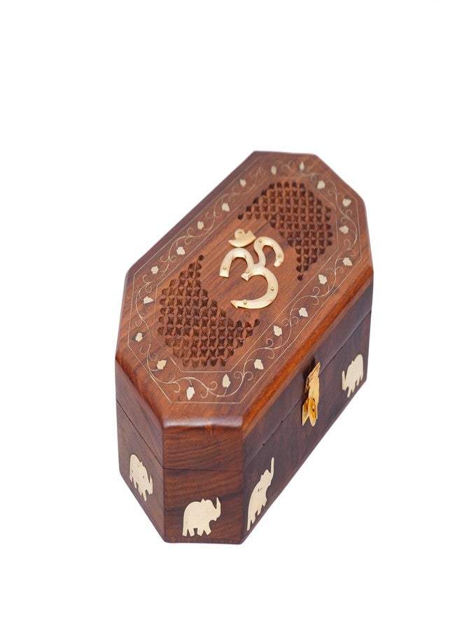 CRAFTCASTLE Handcrafted Wooden Jewellery Box with Elephant Inlay, Octagonal Shape, Carved Floral Design, Brown, 10x6x2.5 Inches - Image 4
