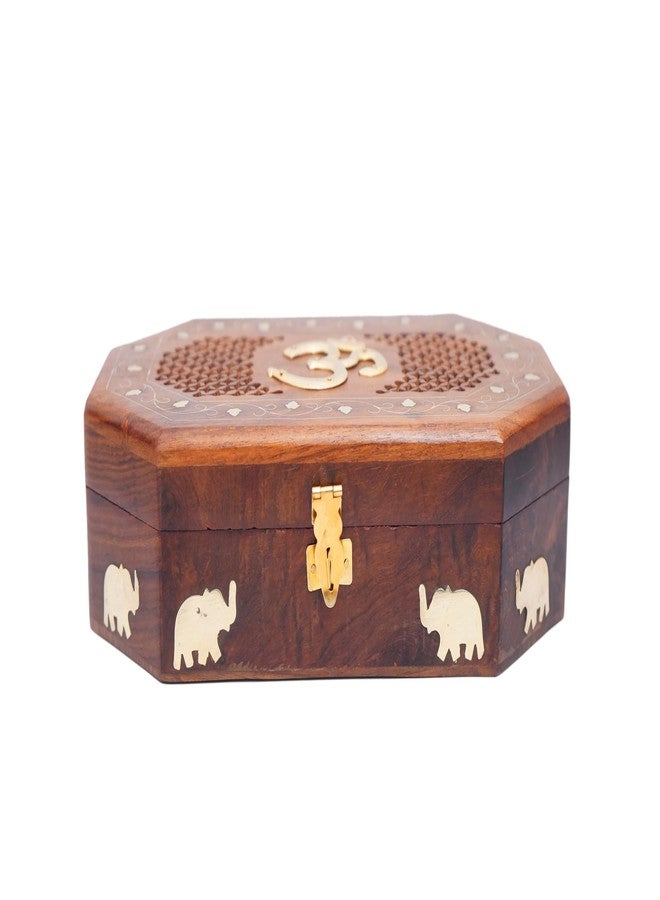 CRAFTCASTLE Handcrafted Wooden Jewellery Box with Elephant Inlay, Octagonal Shape, Carved Floral Design, Brown, 10x6x2.5 Inches - Image 5