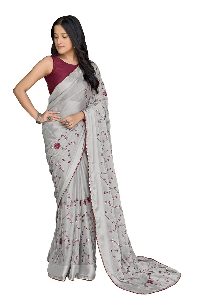 MANOHARI Grey Poly Georgette Sequence And Embroidery Saree With Blouse Piece_Mn1921 - Women - Image 1