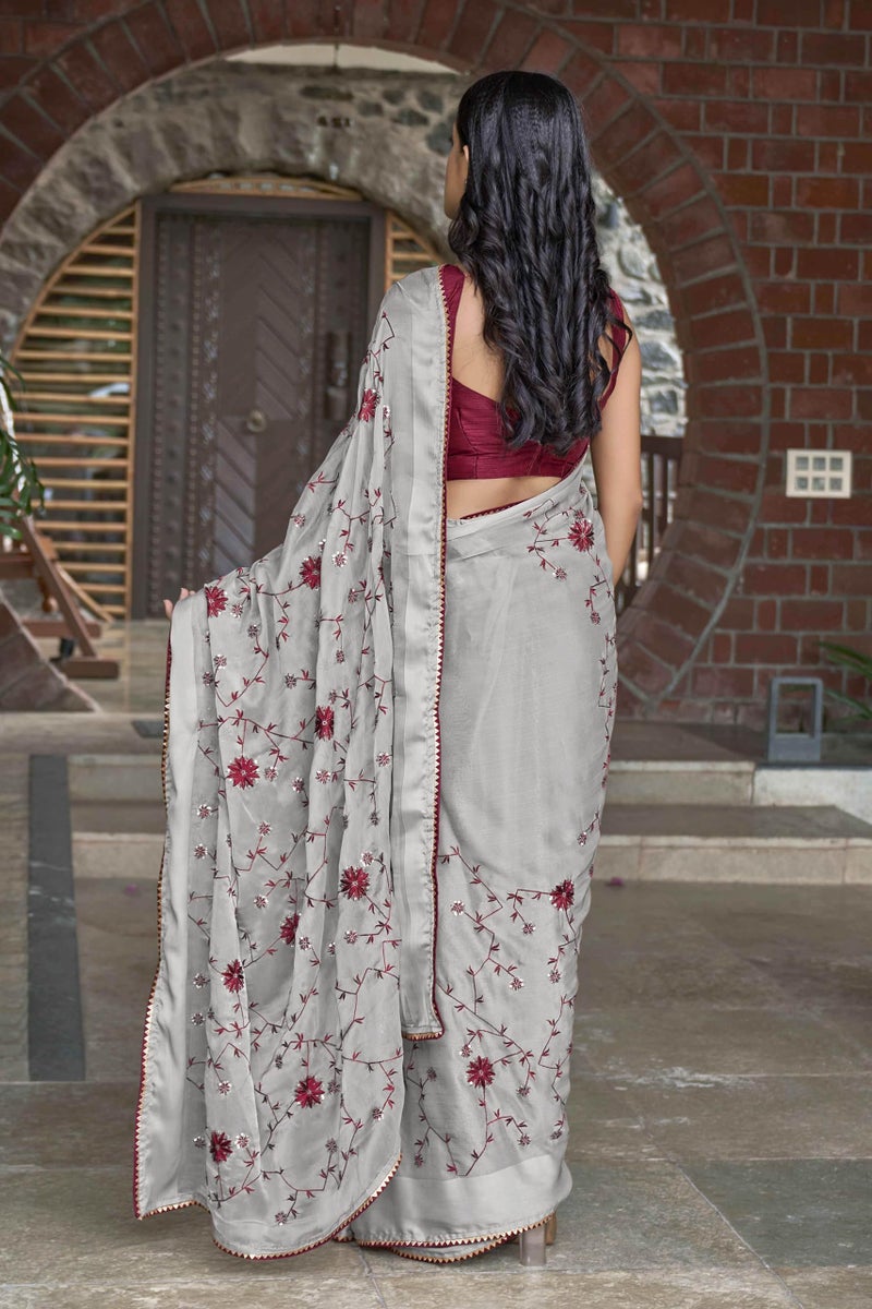 MANOHARI Grey Poly Georgette Sequence And Embroidery Saree With Blouse Piece_Mn1921 - Women - Image 5