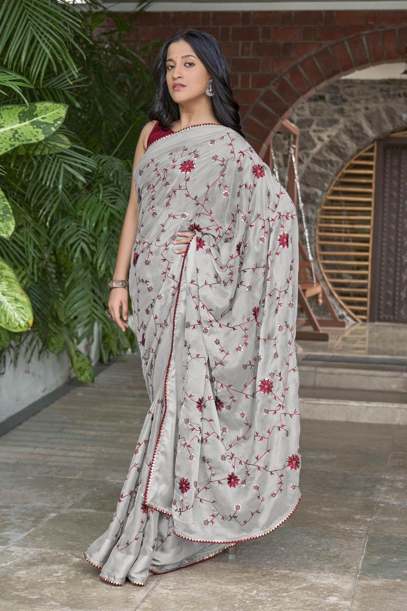MANOHARI Grey Poly Georgette Sequence And Embroidery Saree With Blouse Piece_Mn1921 - Women - Image 4