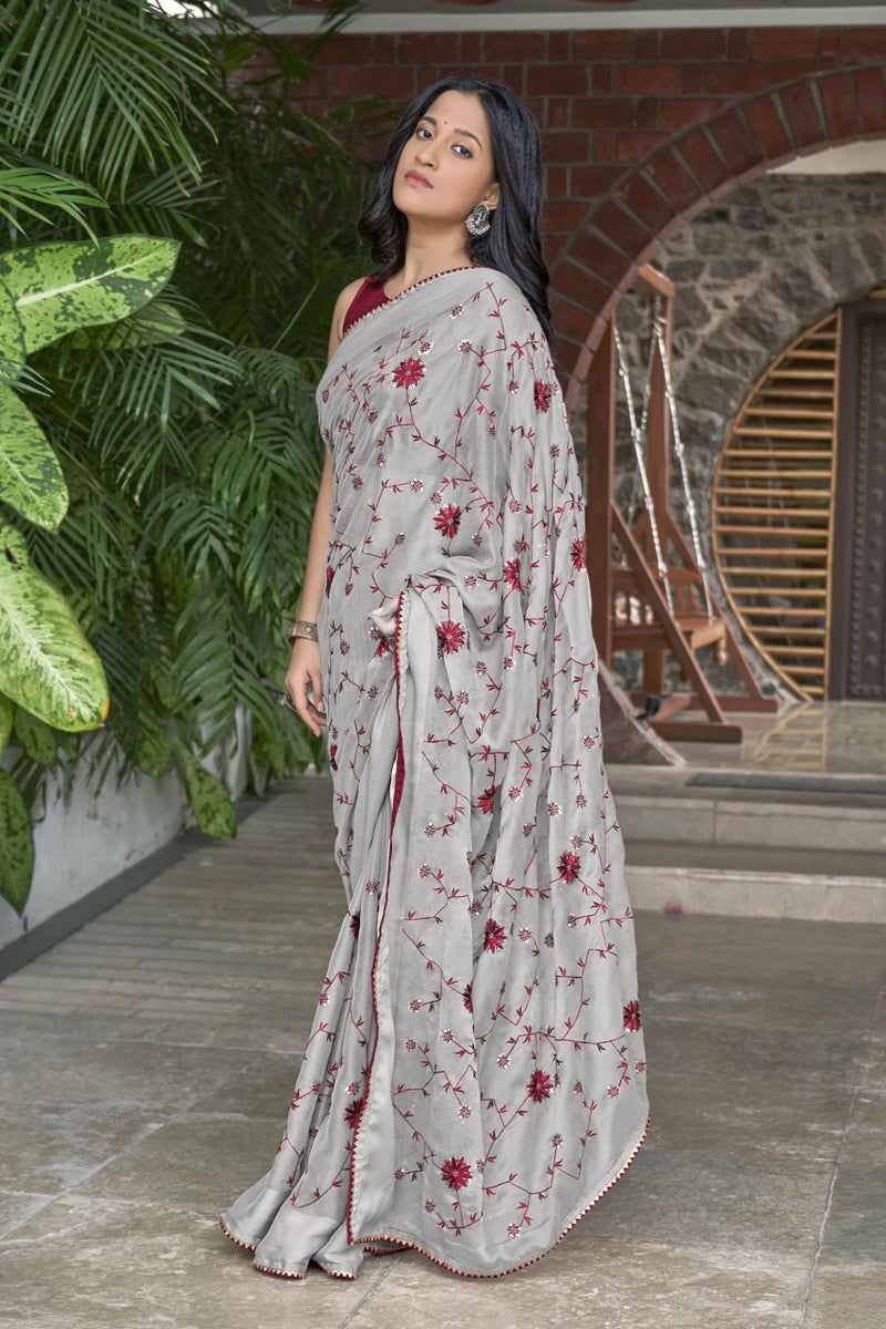 MANOHARI Grey Poly Georgette Sequence And Embroidery Saree With Blouse Piece_Mn1921 - Women - Image 3