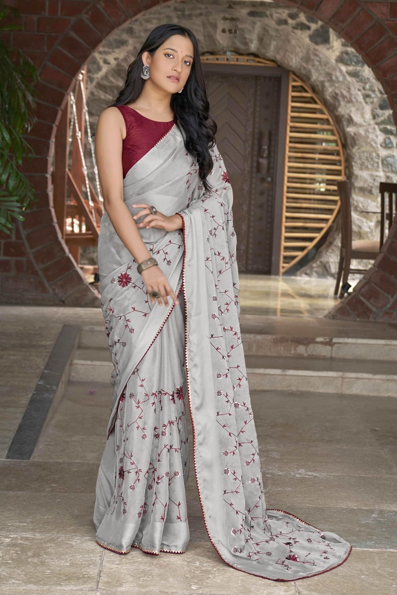 MANOHARI Grey Poly Georgette Sequence And Embroidery Saree With Blouse Piece_Mn1921 - Women - Image 2