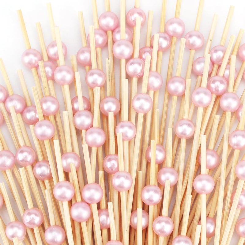 BBQStyle 200 PCS Pink Cocktail Toothpicks for Appetizers, Natural Bamboo Coctail Skewers Sticks, Pearl Decorative Cocktail Tooth Picks for Drinks, Fruit, Charcuterie, Wedding Food Party Fancy 4.7 Inch Long - Image 1