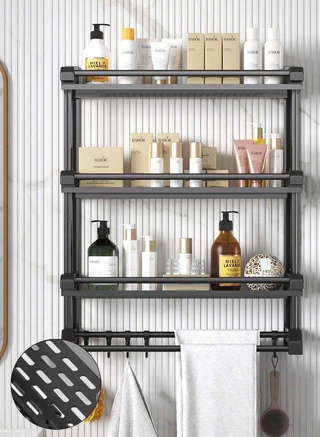 3 Tier Wall Mounted, Bathroom Shelf, 2 in 1 Self-Adhesive Perforated, Stainless Steel Shower Organiser with Towel Bar Hooks  - Image 1
