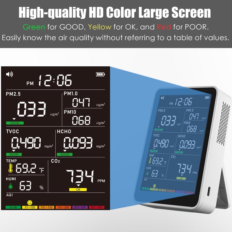 AQItech Professional Indoor Air Quality Monitor with AQI Alarms, Portable Real-Time Detector for Home Cars Plants and Pets (Snow White) - Image 3