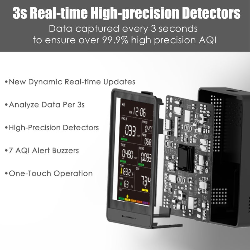 AQItech Professional Indoor Air Quality Monitor with AQI Alarms, Portable Real-Time Detector for Home Cars Plants and Pets (Snow White) - Image 5