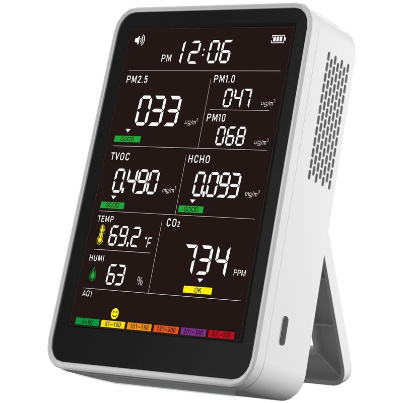 AQItech Professional Indoor Air Quality Monitor with AQI Alarms, Portable Real-Time Detector for Home Cars Plants and Pets (Snow White) - Image 1